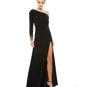 BEADED CUFF DROP SHOULDER FAUX WRAP GOWN Color Black Size 14 New With Tags